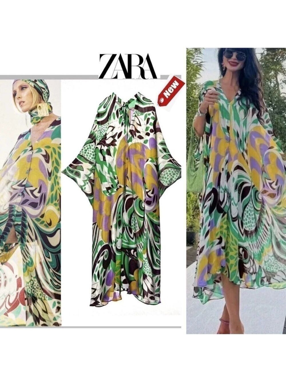 Zara printed chiffon long kaftan button front beach cover up green purple yellow